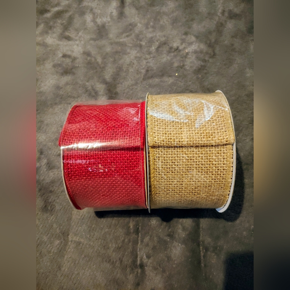 Wired Burlap Ribbon Set x2 - Red and Tan